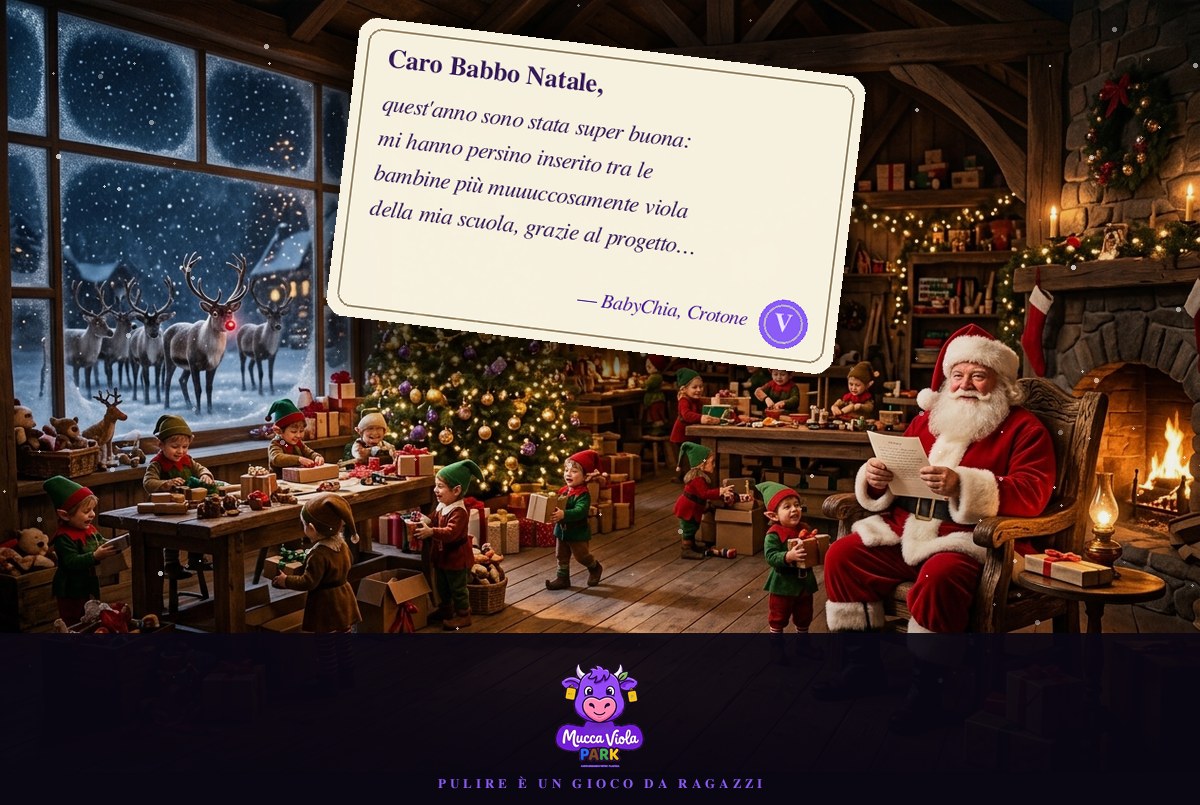 Babbo Natale legge la letterina di BabyChia da Crotone, con gli elfi al lavoro e le renne fuori nella neve